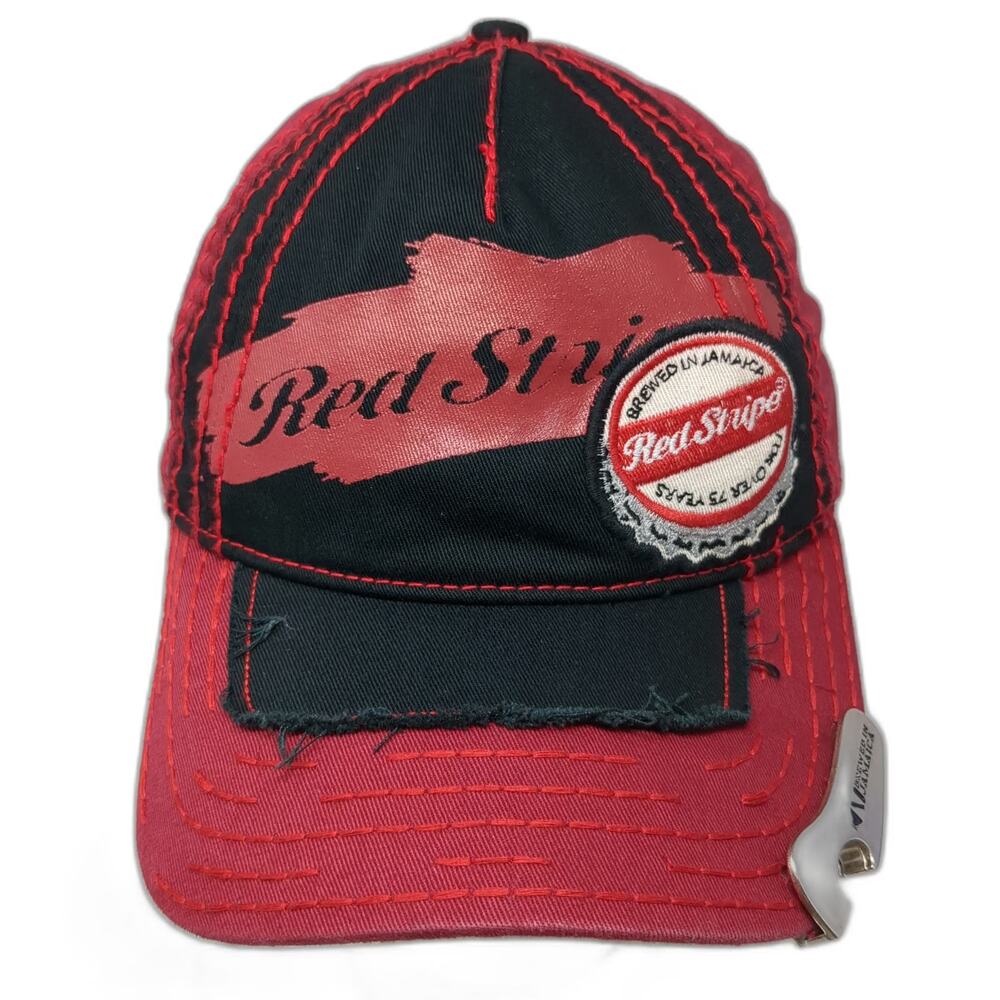Red Stripe Baseball Cap Red Black One Size Bottle Opener Mesh Jamaica Hat